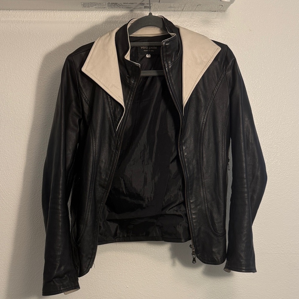 Vera Pelle Black Leather Jacket with Cream Contrast Collar- from Italy